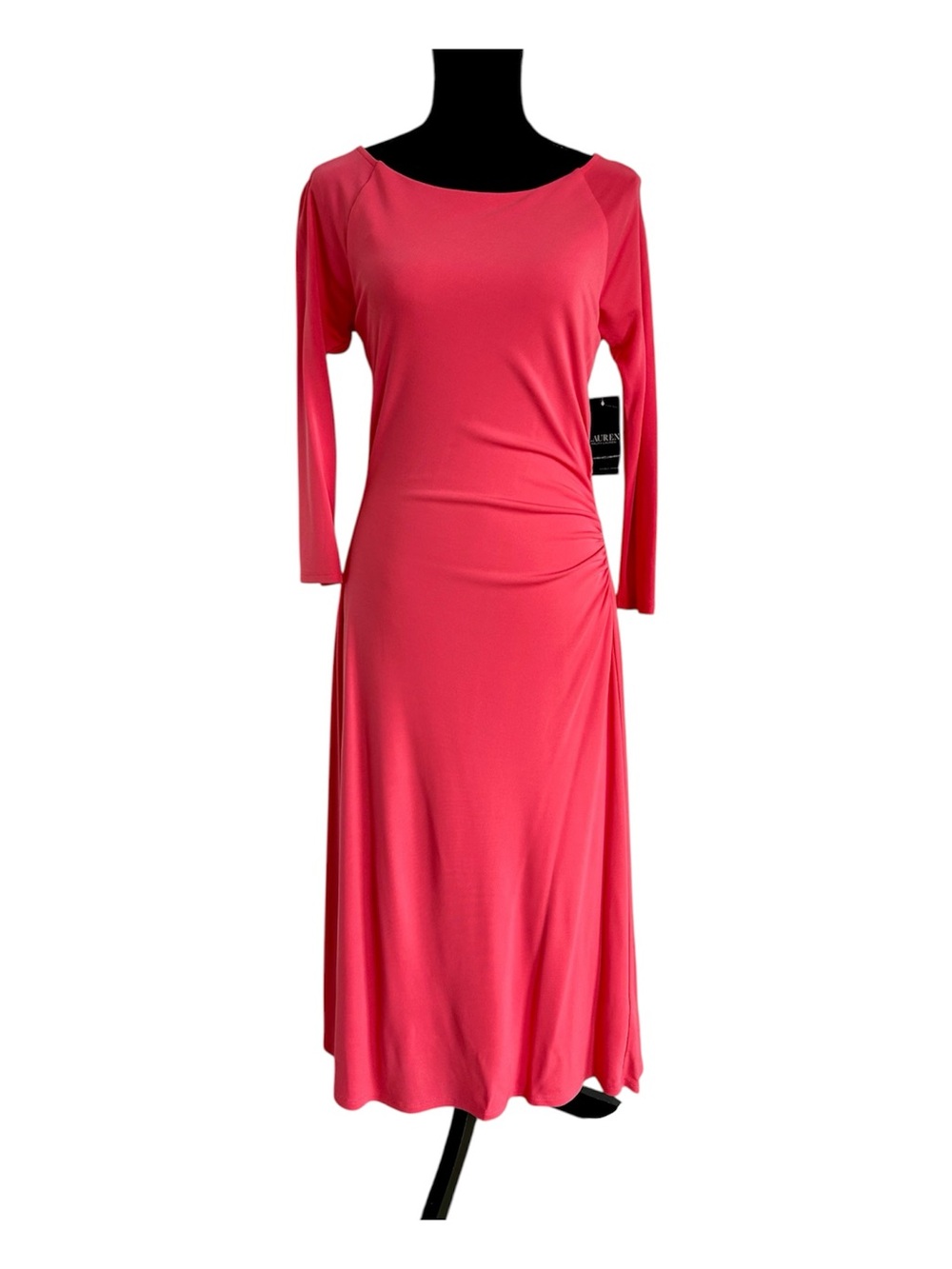 Lauren Ralph Lauren Geranium Coral Pink Ruched Stretch Jersey Fit & Flare Dress